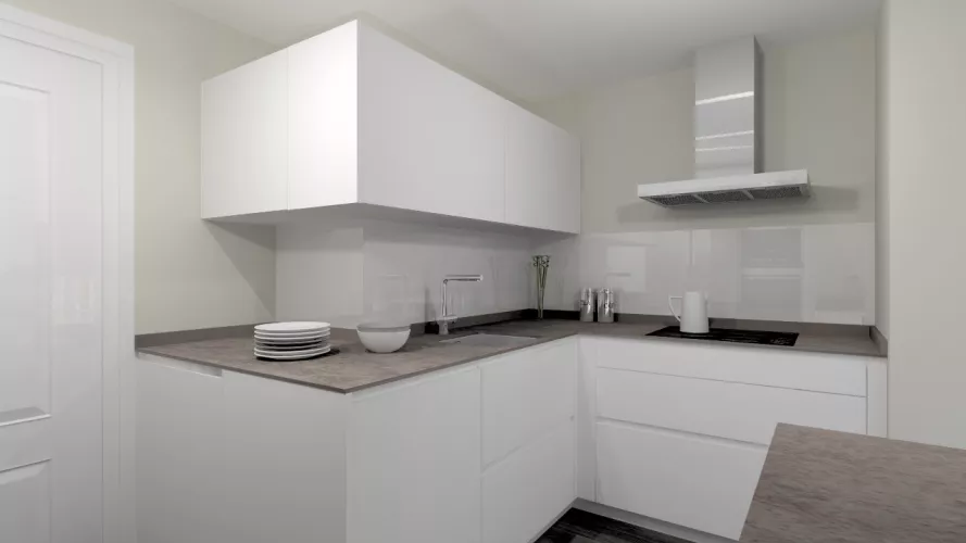 Aravaca | Cocina Santos | Modelo Line L Blanco Seda | Encimera Neolith Iron Cooper