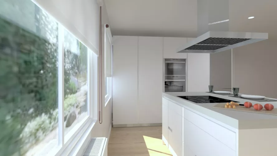 Aravaca | Cocina Santos | Modelo Minos Laminado Blanco Brillo | Encimera Neolith Piedra 