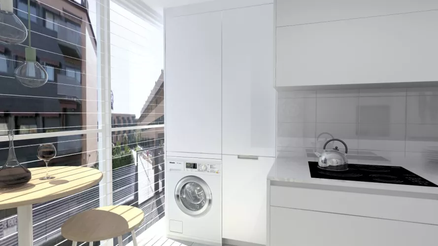 Laminado seda blanco en cocina Santos Line con encimera blanca Silestone