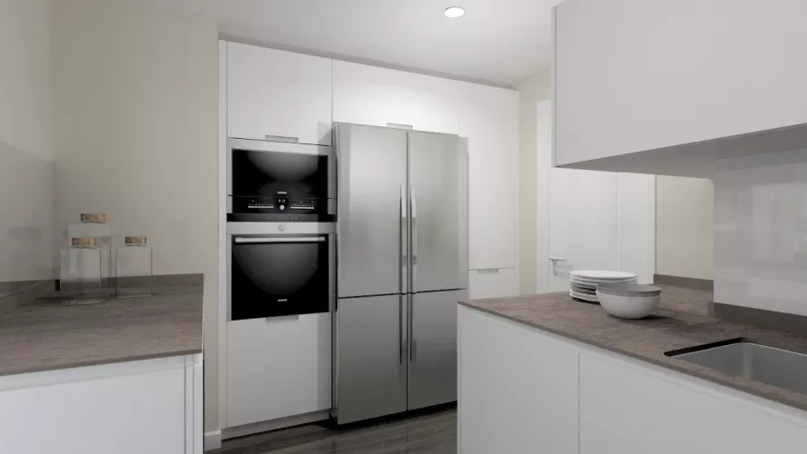 Aravaca | Cocina Santos | Modelo Line L Blanco Seda | Encimera Neolith Iron Cooper