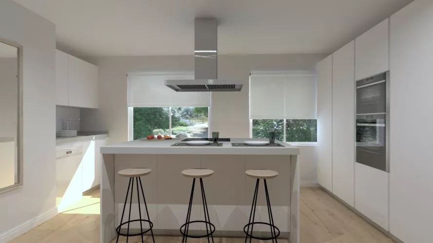 Aravaca | Cocina Santos | Modelo Minos Laminado Blanco Brillo | Encimera Neolith Piedra 