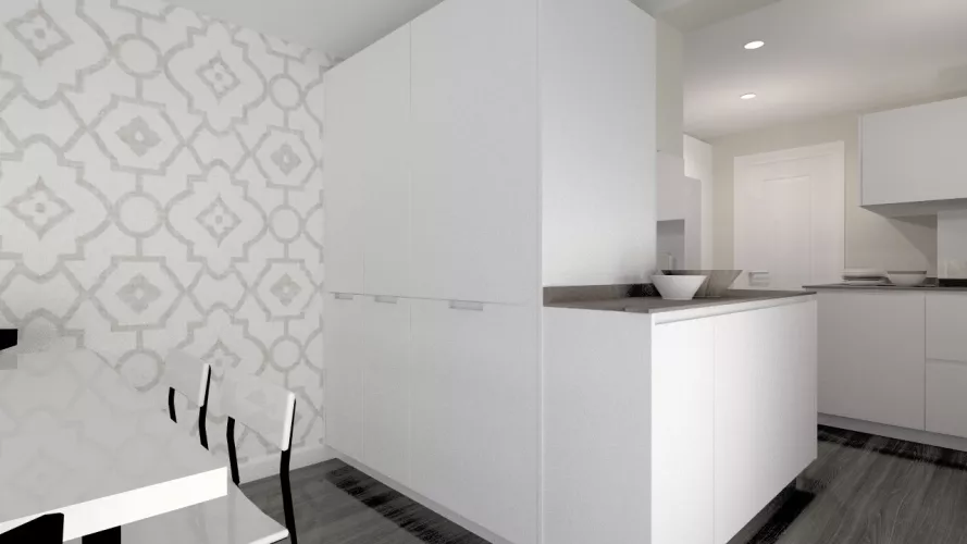 Aravaca | Cocina Santos | Modelo Line L Blanco Seda | Encimera Neolith Iron Cooper