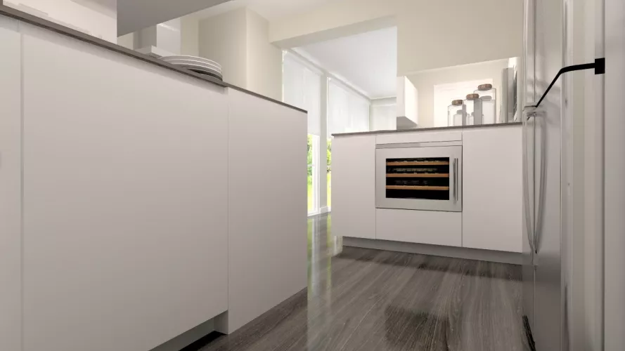 Aravaca | Cocina Santos | Modelo Line L Blanco Seda | Encimera Neolith Iron Cooper