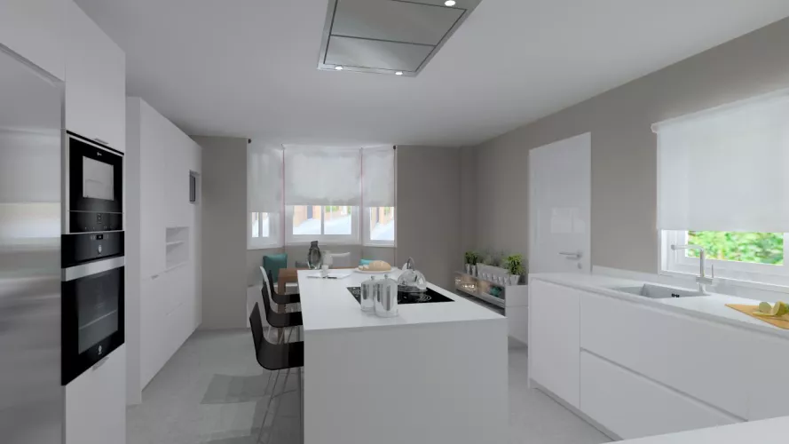 Madrid | Cocina Santos | Modelo Line L Laminado Seda Mate | Encimera Silestone Blanco Zeus