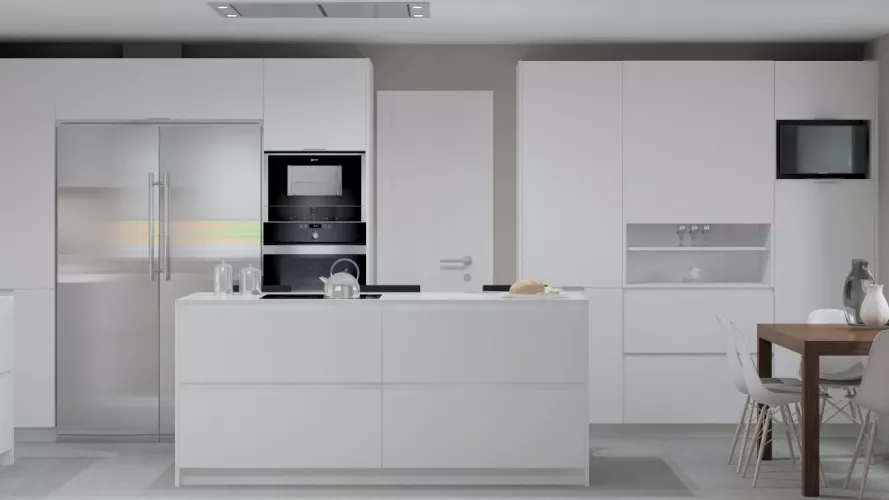 Madrid | Cocina Santos | Modelo Line L Laminado Seda Mate | Encimera Silestone Blanco Zeus