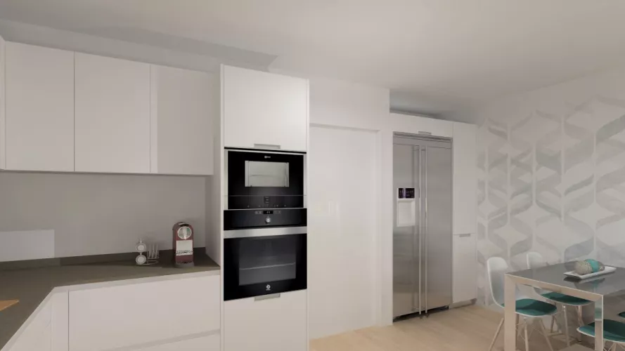 Proyecto en Madrid – Cocina Santos LINE-L en laminado seda mate con encimera Silestone Blanco Zeus y diseño abierto