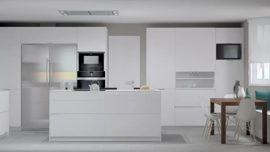 Madrid | Cocina Santos | Modelo Line L Laminado Seda Mate | Encimera Silestone Blanco Zeus