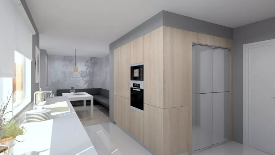 Cocina Santos | Modelo Line-E Y Ariane 2 Estratificado Blanco Seff Y Roble opt Barrica  |  Encimera Silestone Marengo