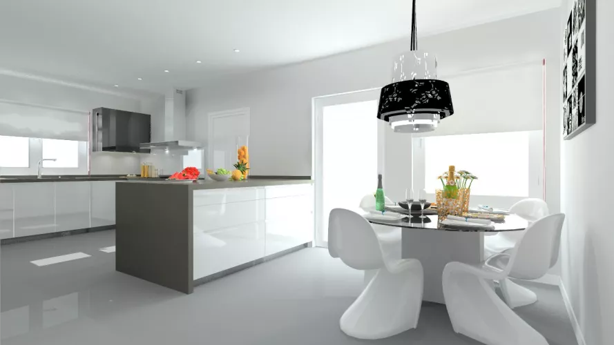 Somosaguas | Cocinas Santos | Modelo Minos laca blanco brillo | Encimera granito