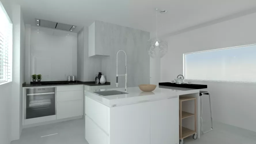 Madrid | Cocina Santos | Modelo Line E Estratificado Blanco | Encimera Granito Sahara Nights Neverwashed