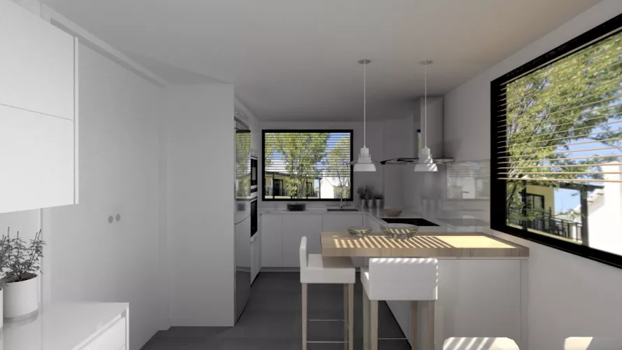 Aravaca | Cocina Santos | Modelo Line L Laminado Seda Blanco | Encimera Silestone Blanco