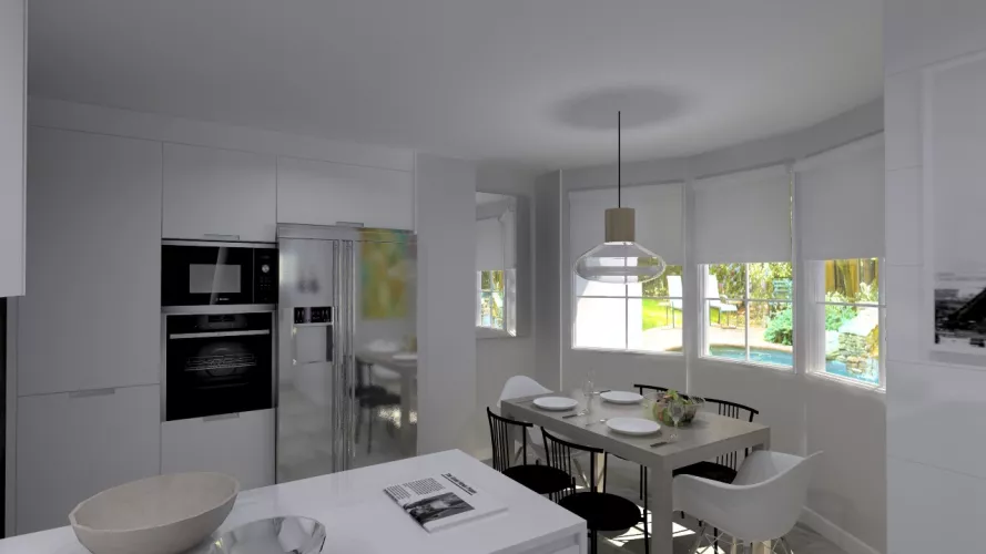 Santos Line cocina en laminado seda blanco con encimera Silestone blanco