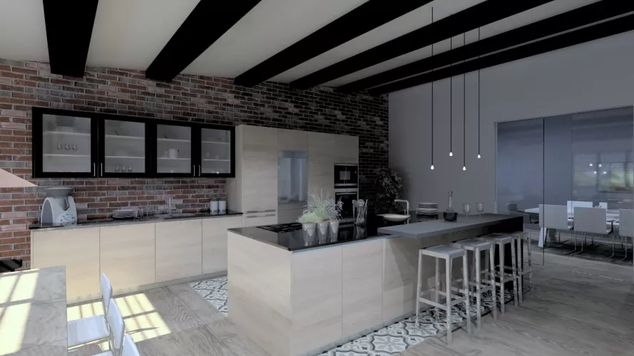 Aravaca | Cocina Santos | Modelo Line Estratificado Roble Barrica | Encimera Sahara Nights