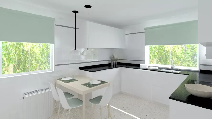 Madrid |Cocina Santos | Modelo Line L Blanco Seda Mate | Encimera Granito Negro