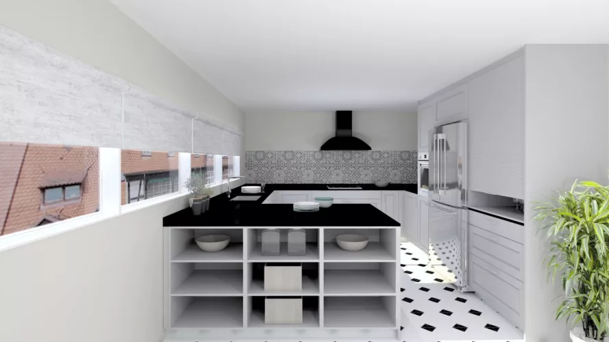 Madrid | Cocina Santos | Modelo Epoca Gris Piedra | Encimera Granito Negro Satén