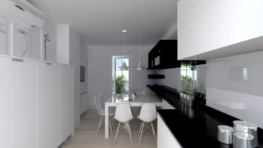 Aravaca | Cocina Santos | Modelo Minos Line Laminado Seda Blanco | Encimera Granito Zimbawe 