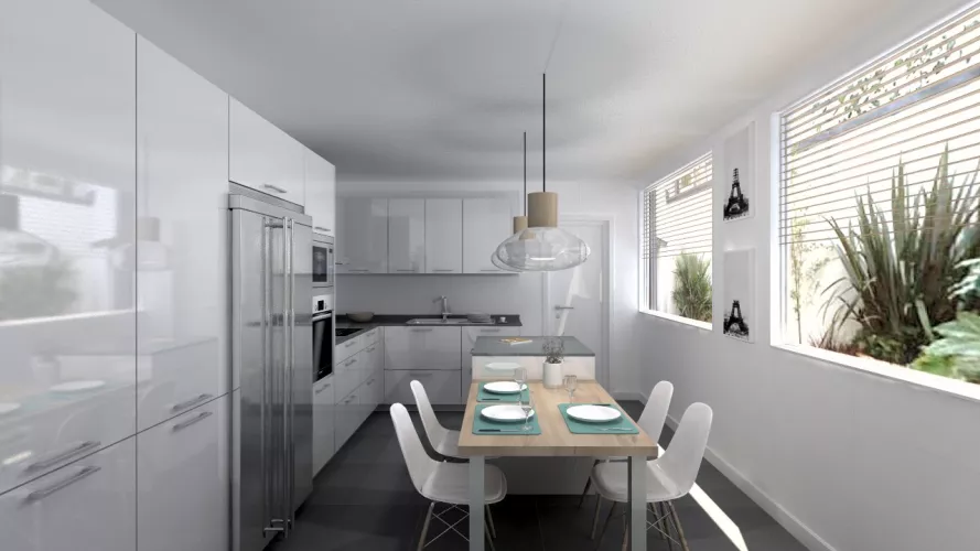 Aravaca | Cocina Santos | Modelo Plano Laminado Blanco Polar Brillo | Encimera Silestone Marengo