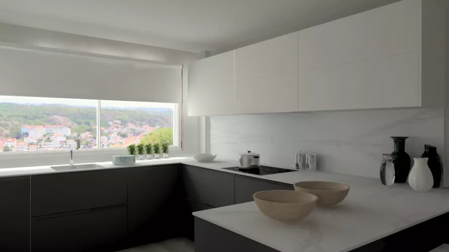 Aravaca | Cocina Santos | Modelo Intra Estratificado Gris Antracita | Encimera Porcelanico Estatuario