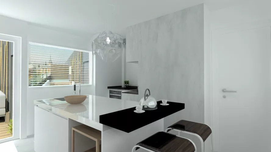 Madrid | Cocina Santos | Modelo Line E Estratificado Blanco | Encimera Granito Sahara Nights Neverwashed