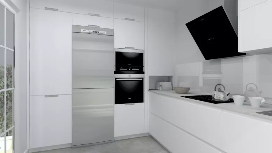 Aravaca | Cocina Santos | Modelo Minos Laminado Seda Blanco | Encimera Neolith Cement 