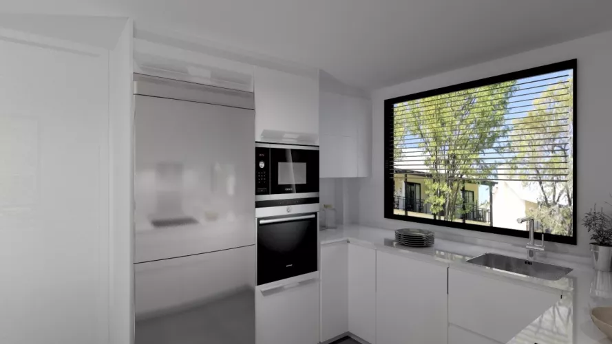 Aravaca | Cocina Santos | Modelo Line L Laminado Seda Blanco | Encimera Silestone Blanco