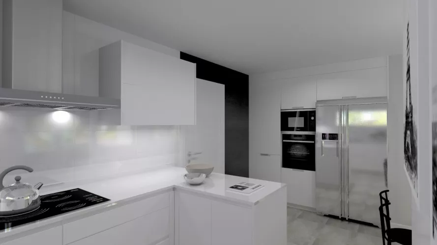 Santos Line cocina en laminado seda blanco con encimera Silestone blanco