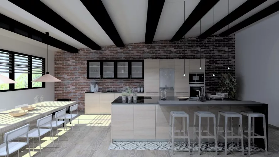 Aravaca | Cocina Santos | Modelo Line Estratificado Roble Barrica | Encimera Sahara Nights