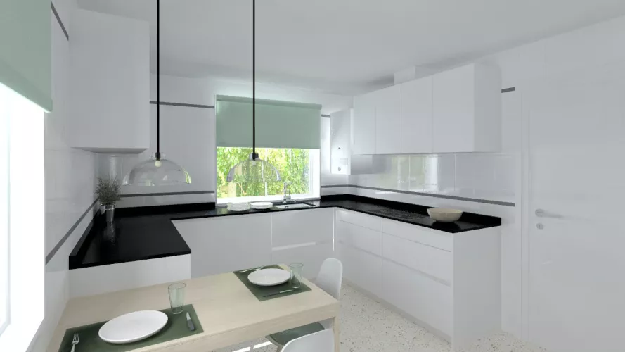 Madrid |Cocina Santos | Modelo Line L Blanco Seda Mate | Encimera Granito Negro