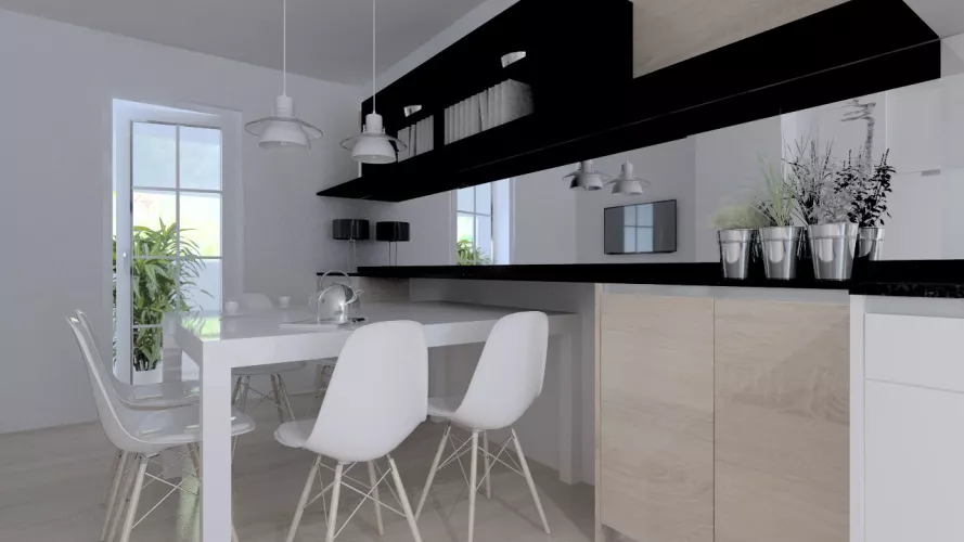 Aravaca | Cocina Santos | Modelo Minos Line Laminado Seda Blanco | Encimera Granito Zimbawe 