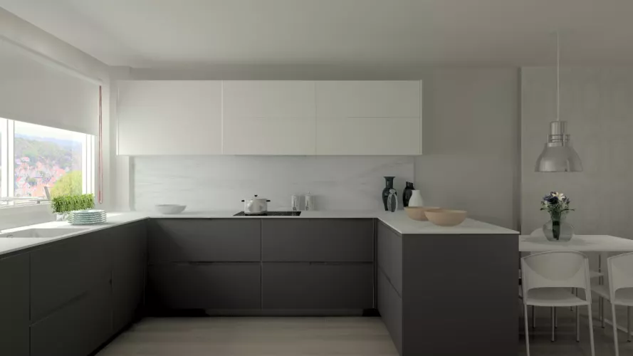 Aravaca | Cocina Santos | Modelo Intra Estratificado Gris Antracita | Encimera Porcelanico Estatuario