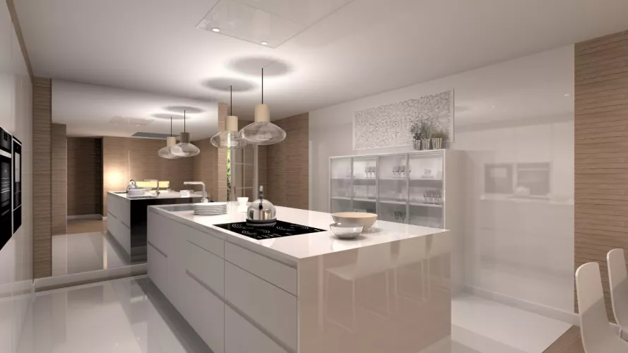 Aravaca | Cocina Santos | Modelo Line Laminado Blanco Brillo | Encimera Silestone Blanco