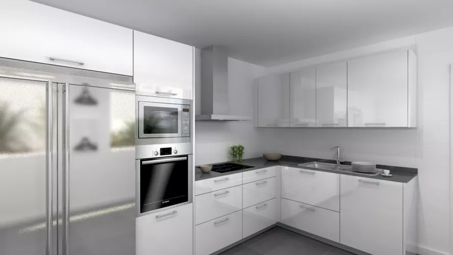 Aravaca | Cocina Santos | Modelo Plano Laminado Blanco Polar Brillo | Encimera Silestone Marengo