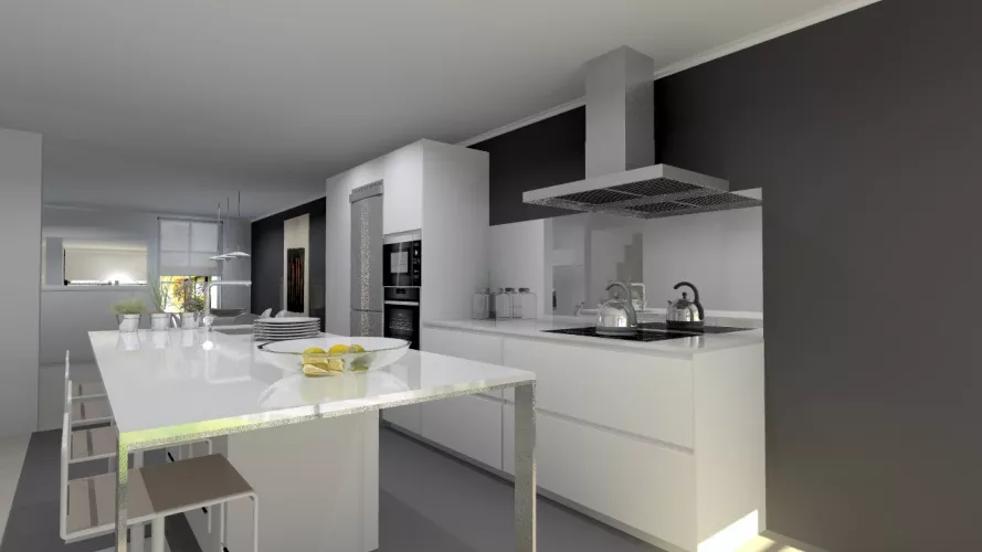 Cocina Santos | Modelo Line E Estratificado Blanco Innsbruk | Encimera Silestone Blanco Zeus
