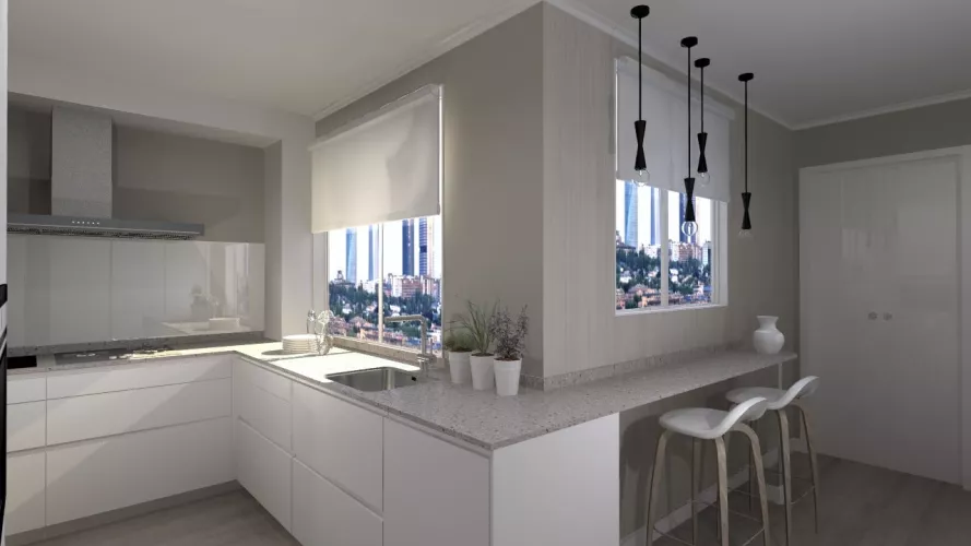 Cocina Santos | Modelo Line E13 Estratificado Blanco Innsbruck | Encimera Silestone Royal Reef