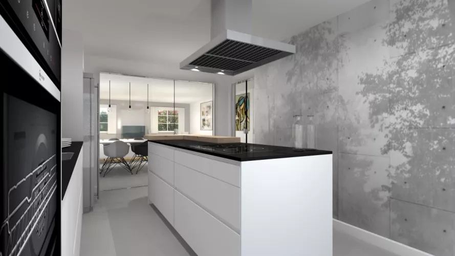 Aravaca | Cocina Santos | Modelo Line E 19 y Ariane 2 Estratificado Color Blanco Seff y Roble Barrica Vertical | Encimera Dekton Sirius