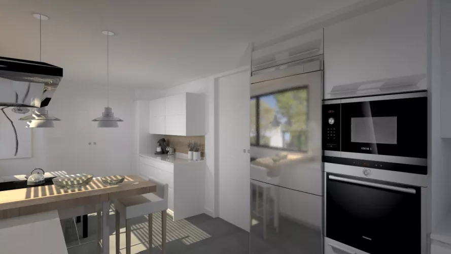 Aravaca | Cocina Santos | Modelo Line L Laminado Seda Blanco | Encimera Silestone Blanco