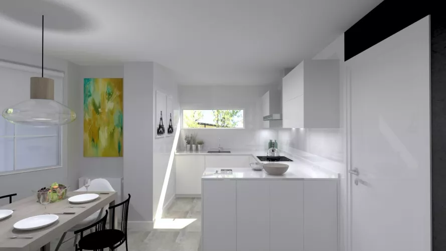 Santos Line cocina en laminado seda blanco con encimera Silestone blanco