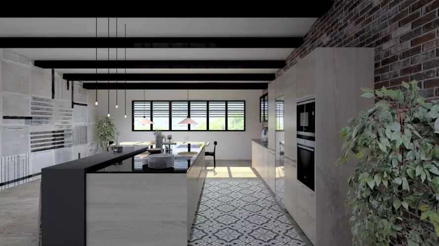 Aravaca | Cocina Santos | Modelo Line Estratificado Roble Barrica | Encimera Sahara Nights