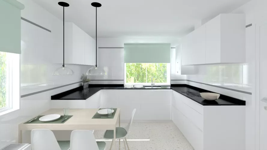 Madrid |Cocina Santos | Modelo Line L Blanco Seda Mate | Encimera Granito Negro