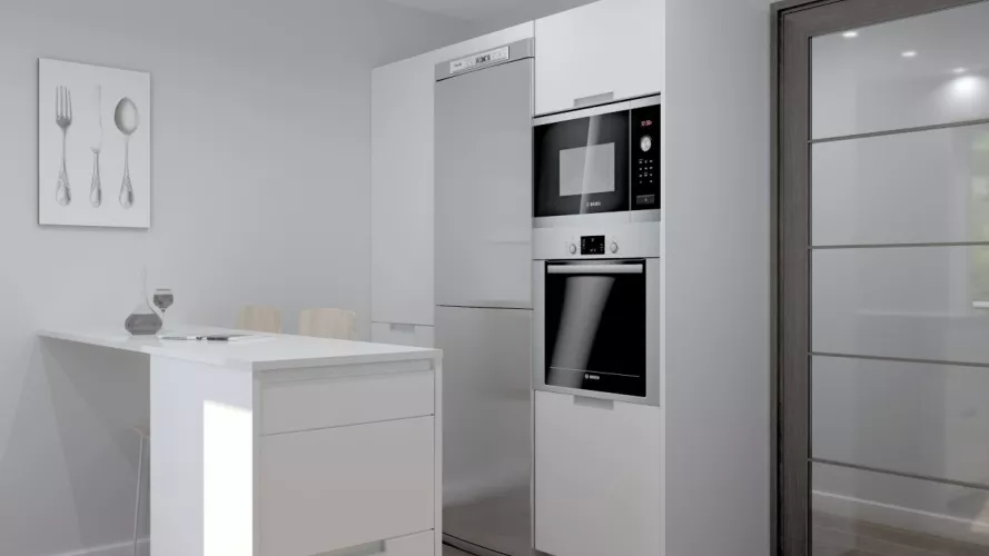 Aravaca | Cocina Santos | Modelo Minos Line Laminado Seda Blanco | Encimera Silestone Blanco