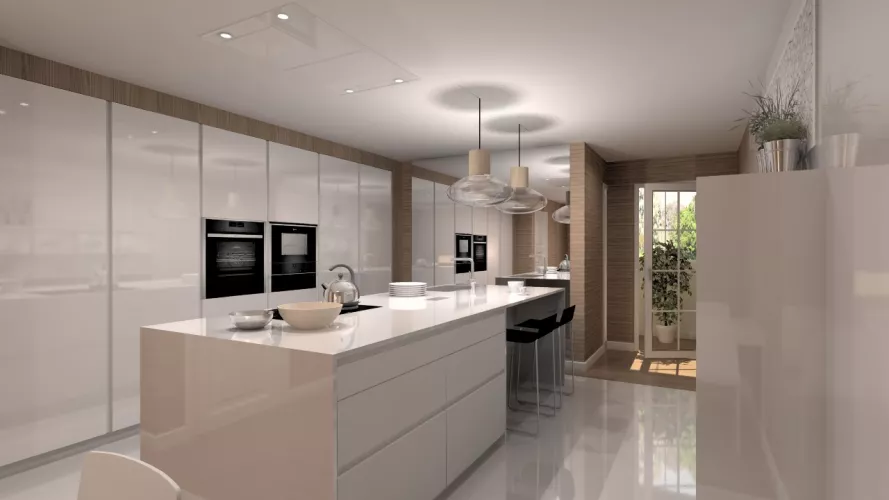 Aravaca | Cocina Santos | Modelo Line Laminado Blanco Brillo | Encimera Silestone Blanco