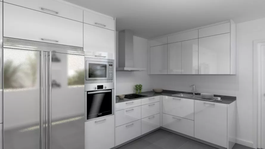 Aravaca | Cocina Santos | Modelo Plano Laminado Blanco Polar Brillo | Encimera Silestone Marengo