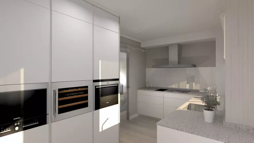 Cocina Santos | Modelo Line E13 Estratificado Blanco Innsbruck | Encimera Silestone Royal Reef