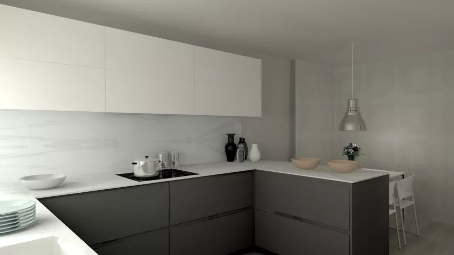 Aravaca | Cocina Santos | Modelo Intra Estratificado Gris Antracita | Encimera Porcelanico Estatuario