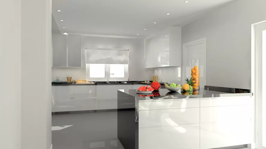 Somosaguas | Cocinas Santos | Modelo Minos laca blanco brillo | Encimera granito