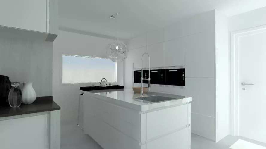 Madrid | Cocina Santos | Modelo Line E Estratificado Blanco | Encimera Granito Sahara Nights Neverwashed