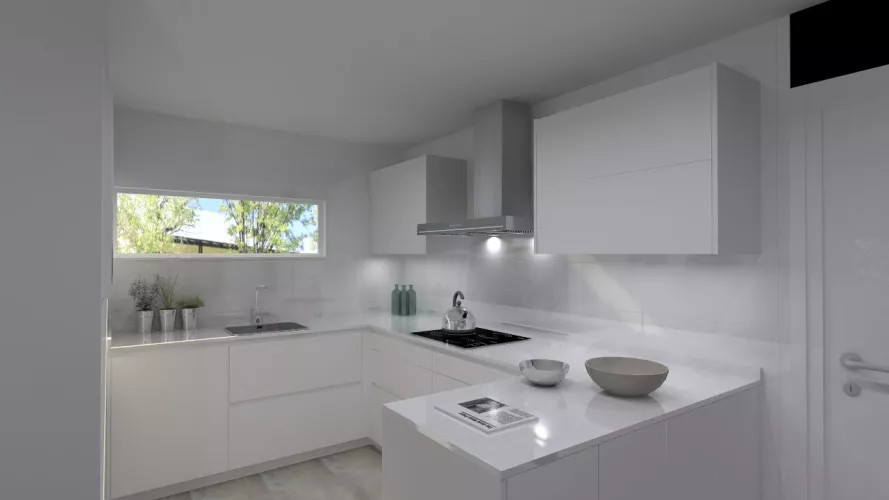 Santos Line cocina en laminado seda blanco con encimera Silestone blanco