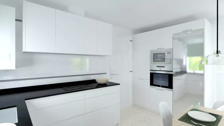 Madrid |Cocina Santos | Modelo Line L Blanco Seda Mate | Encimera Granito Negro