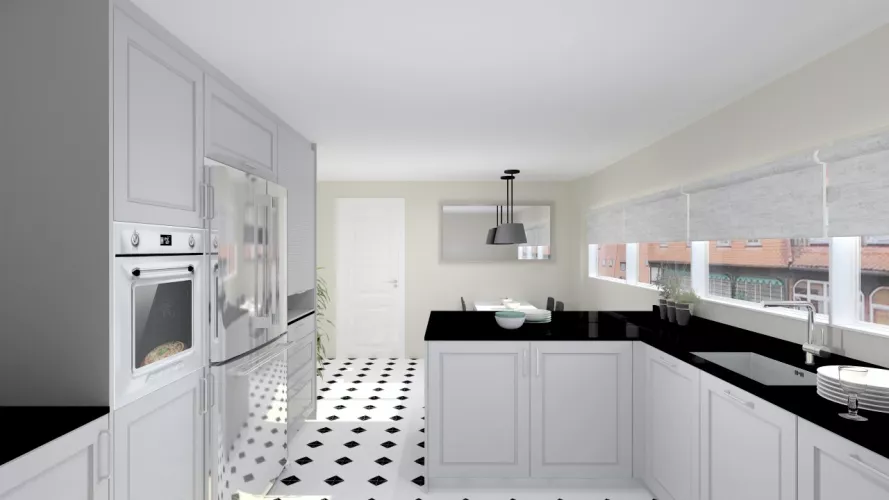 Madrid | Cocina Santos | Modelo Epoca Gris Piedra | Encimera Granito Negro Satén