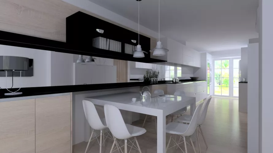 Aravaca | Cocina Santos | Modelo Minos Line Laminado Seda Blanco | Encimera Granito Zimbawe 